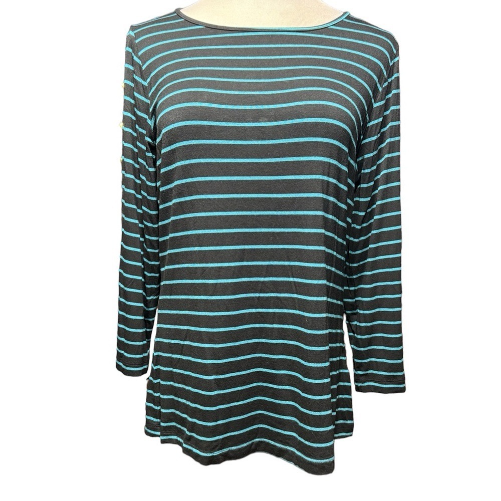 Cable & Gauge Black Pagoda Blue Striped Button Sleeve Boat Neck Top NWT